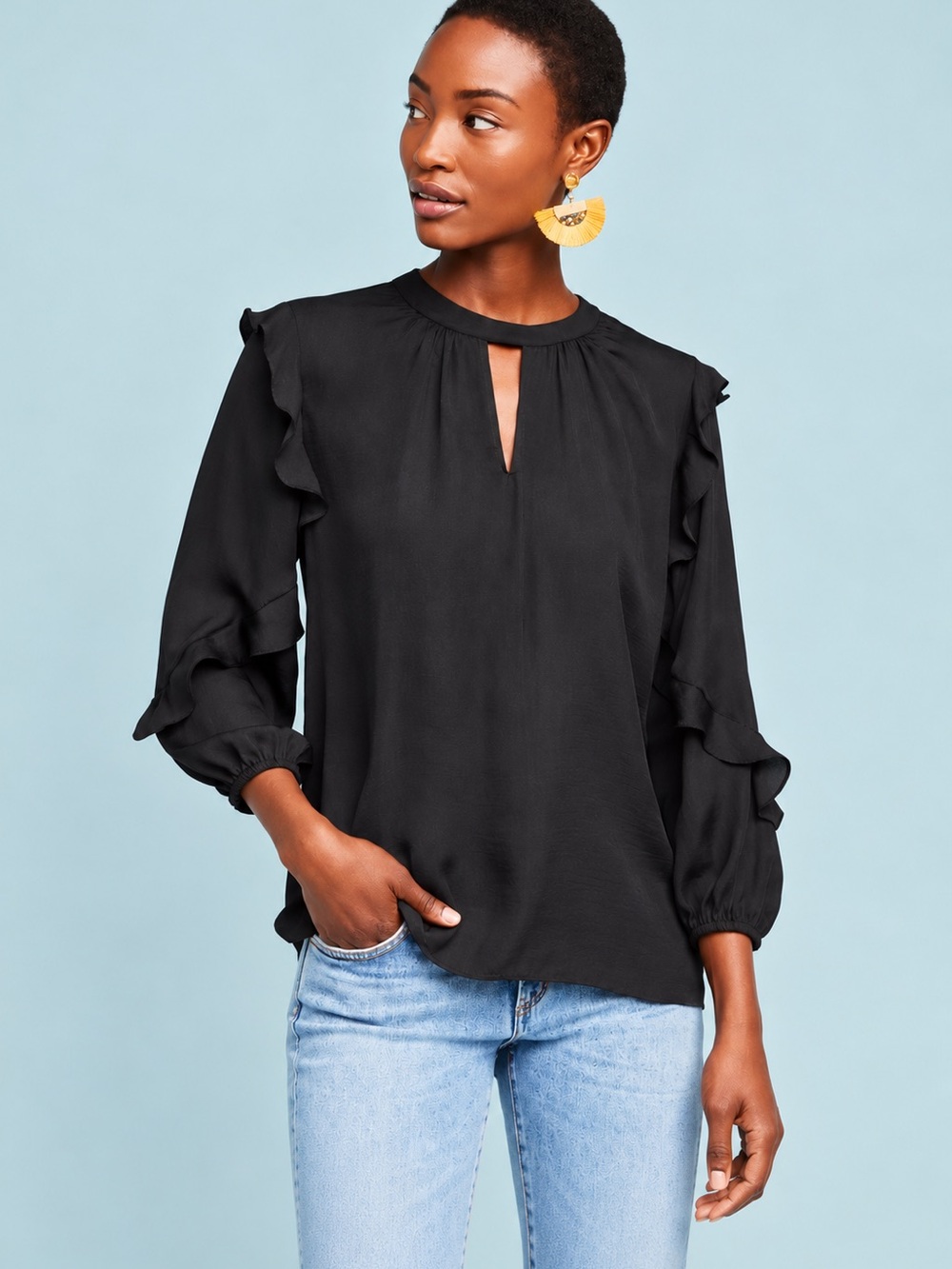Dolan Anthropologie Black Ruffle Sleeve Keyhole Blouse Top Large